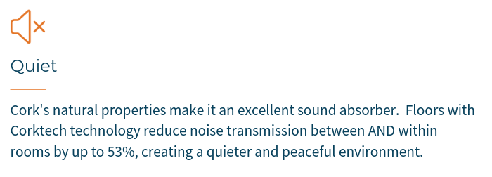 A cork floor with the Corktech technology features the following benefits: SILENCE - Cork's natural properties make it an excellent sound absorber. Noise transmission between and within rooms is reduced by up to 53%.