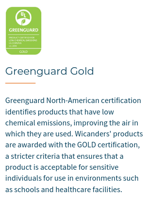 Greenguard North-American certification identifies products that have low chemical emissions, improving the air in which they are used. Wicanders flooring products are awarded with the GOLD certification, a stricter criteria that ensures that a product is acceptable for sensitive individuals for use in environments such as schools and healthcare facilities.