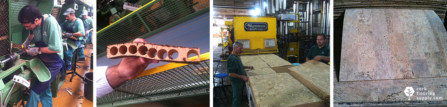 From left to right: Amorim cork factory in Portugal where the priority is wine and champagne cork bottle stoppers (the highest quality in the world). It's a tremendous amount of work, and much of it is still done by hand. The material that's left over is ground up to make cork flooring. The cork from every process has a purpose so there's very little waste.