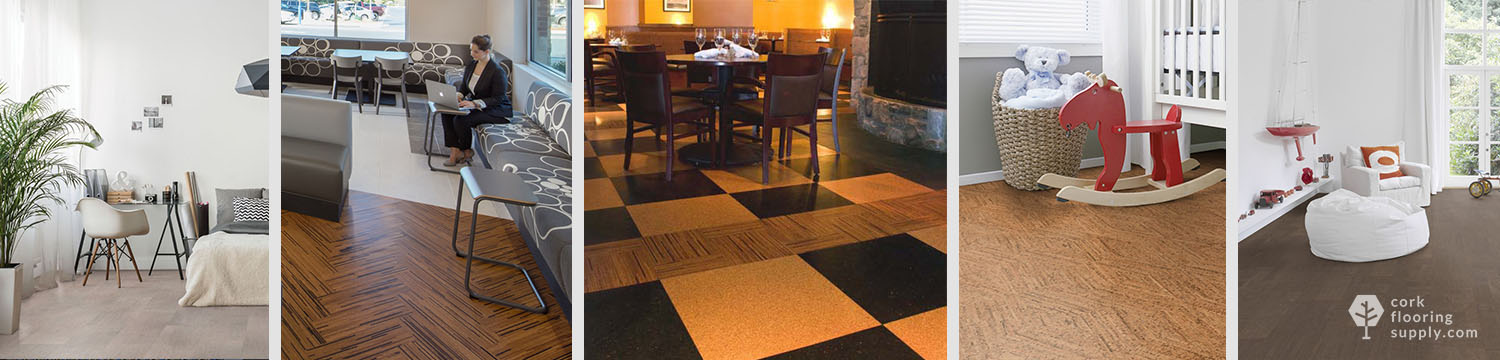 Today's cork flooring is available in so many styles, colors, and patterns. This image shows a collage of light-colored cork, striped cork laid in a herringbone pattern, dark patterns in both solid and veneer constructions.